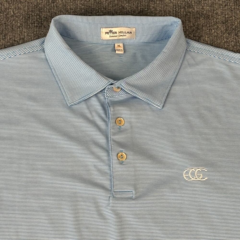 Peter Millar Summer Comfort Polo Shirt Size XL Blue Striped Epic Golf Club Logo